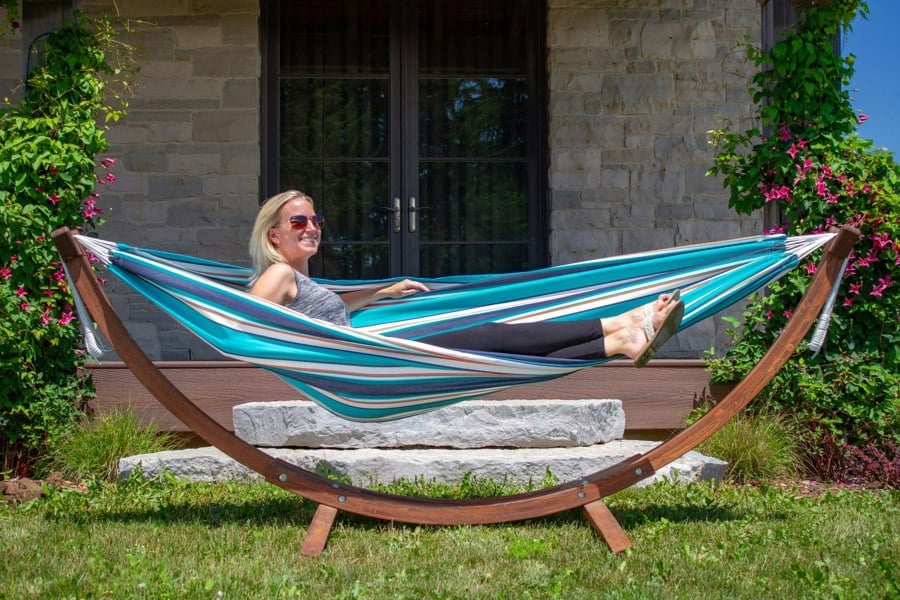 Double Sunbrella Hammock with Solid Pine Arc Stand - Token Surfside