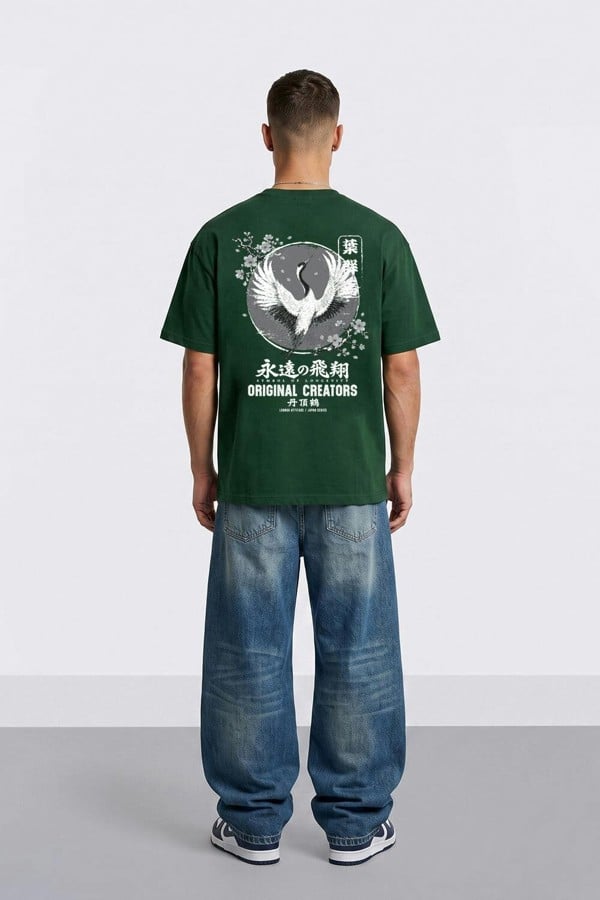 London Attitude Japanese Crane Oversized Heavyweight Back Print T-Shirt