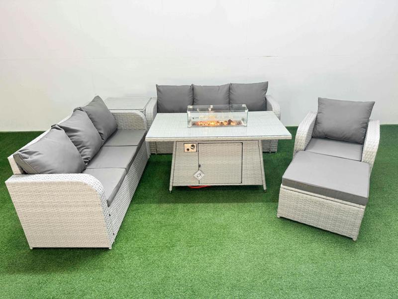 Fimous 8 Seater Poly Rattan Garden Furniture Patio Set, Firepit Table, 2x 3 Seater Sofas, Reclining Chair, Big Footstool, Side Table, Light Grey