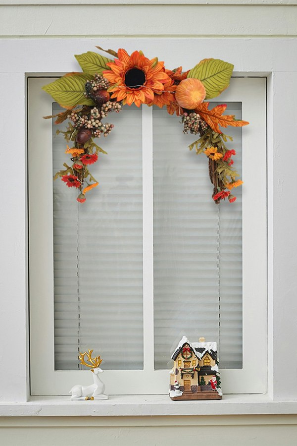 Living and Home Artificial Sunflower Swag Wreath with Pumpkins Halloween Hanging Decoration with Light