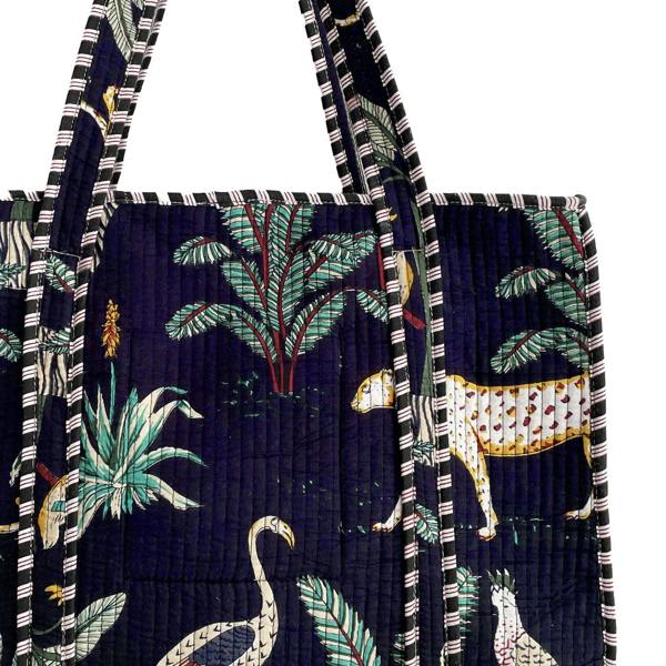 Hayley & Co Jungle Print Large Quilted Cotton Tote Shoulder Bag in Navy Blue