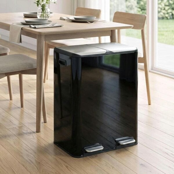2 x 30L Double Kitchen Bin, Stainless Steel Pedal Rubbish Bin with Dual Compartments, Soft Close Lids, High Gloss Black