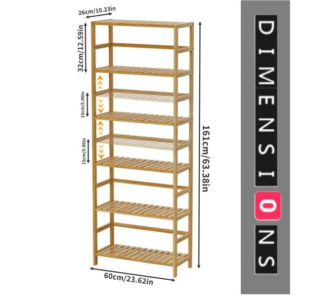 Modcraft 6-Tier Bamboo Bookshelf, Adjustable Free Standing Shelf Unit for Kitchen, Bathroom, or Living Room