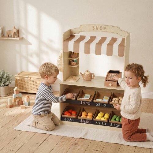 AIYAPLAY Pretend Play Shop Wooden Kids Grocery Store Playset with Play Food