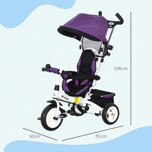 Bobobiy 6 in 1 Kids Trike Push Bike w/ Push Handle, Canopy, 5-point Safety Belt, Storage, Footrest, Brake, for 1-5 Years, Purple
