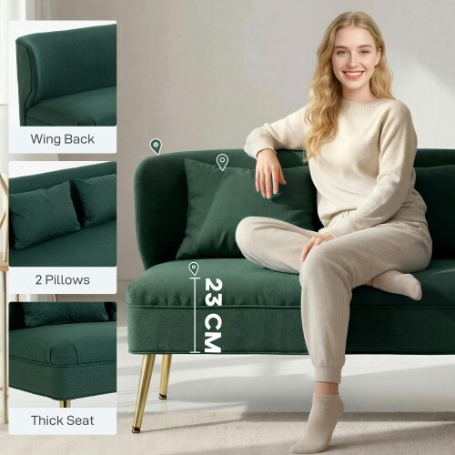 Wyld Haus Madi Linen Effect Dark Green 2 Seater Sofa With Wingback Design And Gold Metal Legs
