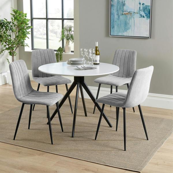 Core Products Aspen Dining Set - White Round Table & 4 Upholstered Straight Stitch Dining Chairs