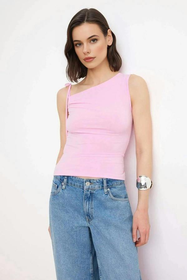 WOVCOR Fitted Asymmetrical Neckline Tie Detail Stretch Knit Blouse