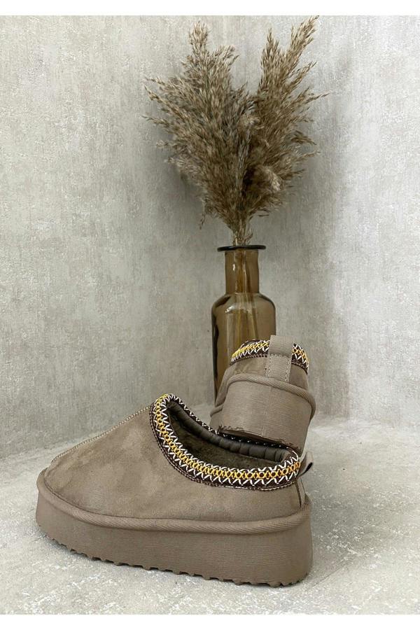 Jolene Aztec Detail Low Ankle Platform Slipper Boots - Camel