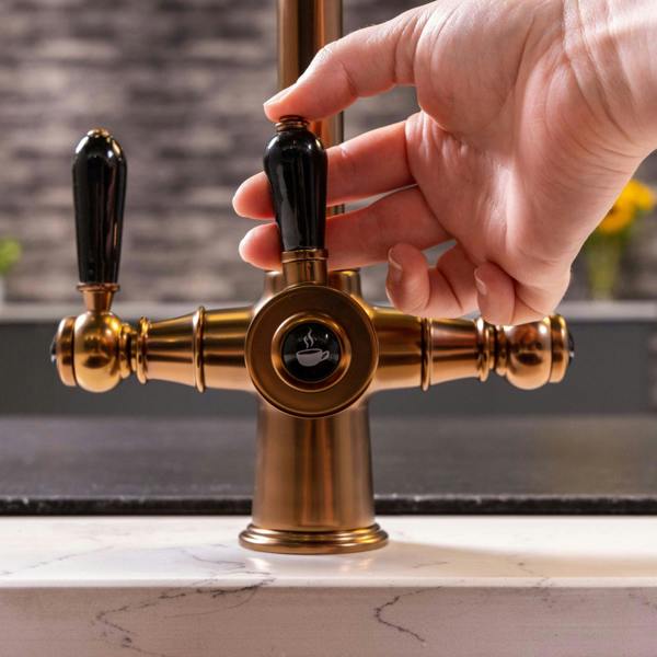 Flode korsa | Traditional Cruciform Style 3 in 1 Instant Boiling Tap | Black Ceramic Levers | Brushed Copper Finish