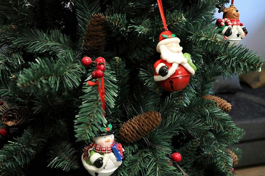 12pc Christmas Hanging Decorations Santa, Snowman and Reindeer Ceramic Set with Bells and Ribbons image 3