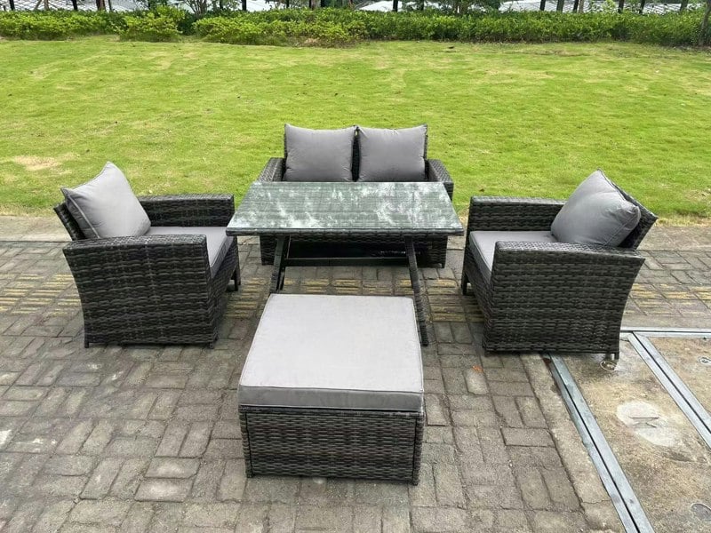 Fimous 5 Seater Outdoor Dark Grey Mixed High Back Rattan Sofa Dining Table Set Garden Furniture Big Footstool