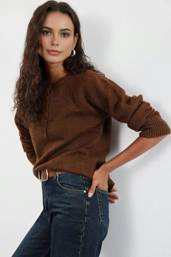 WOVCOR Soft-Textured Knit Sweater with Button Detail