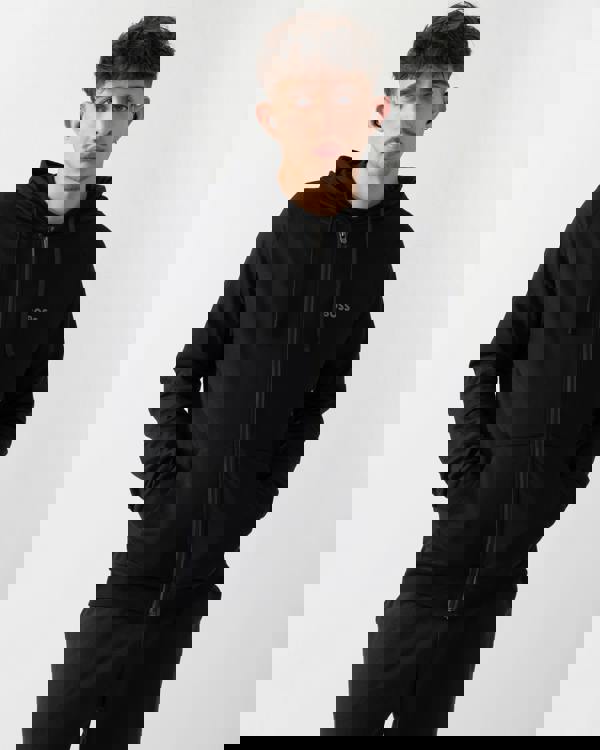 studio shot of a model wearing a BOSS Orange Mens Authentic Zip Up Loungewear Hoodie in Black 004