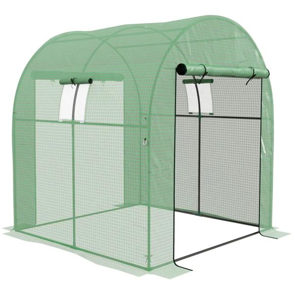 Green walk-in polytunnel greenhouse with zip-up front panels and black metal frame