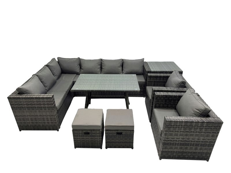 Fimous 10 seater Outdoor PE Rattan Sofa Set with Dining Table Patio Garden Furniture Sets with 2 Chair 2 Small Stools Side Table Dark Grey Mixed