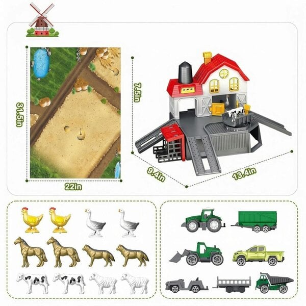 deAO Toys 39PCS DIY Farm Animal Playset with Tractor Vehicles, Barn, Fences & Large Play Mat – Educational Farm Toy for Kids Ages 3+