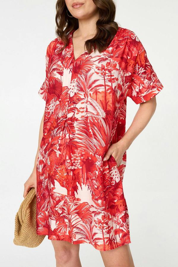 Red | Tropical Print Short Sleeve Shift Dress