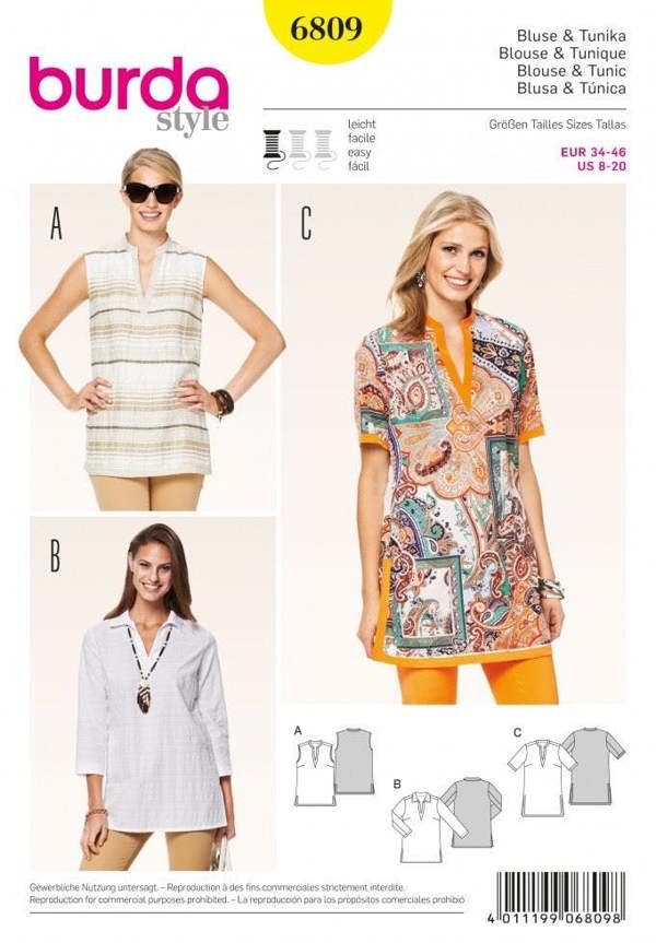 Burda Sewing Pattern 6809 Tops and Tunics For Women, 8-10-12-14-16-18-20 - Easy