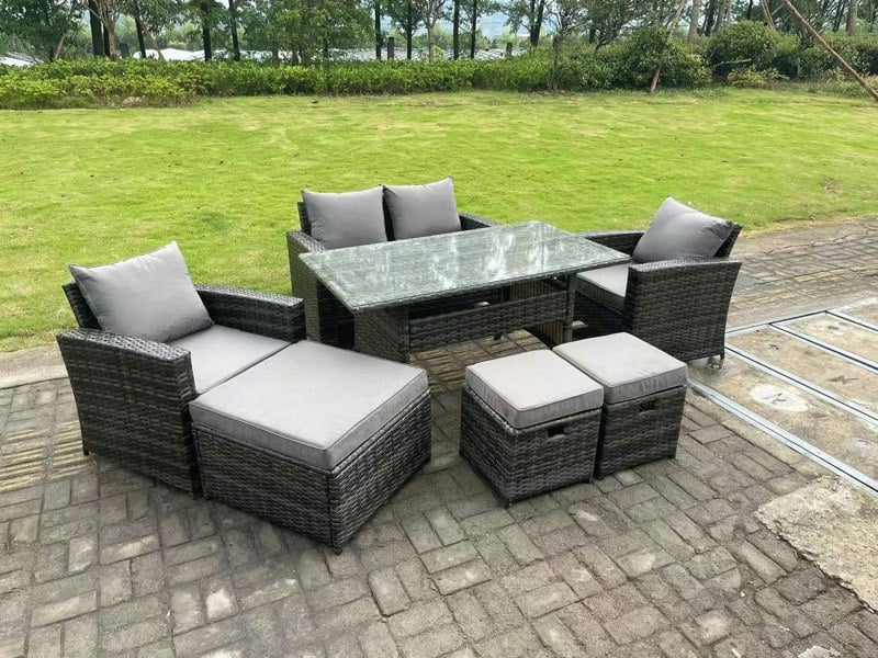 Fimous 7 Seater Grey Mixed High Back Rattan Sofa Set Dining Table Garden Furniture Outdoor