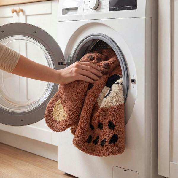 Person taking a brown towel with paw prints out of a washing machine.