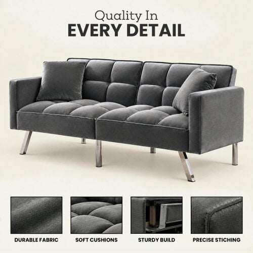 Kosy Koala Sofa Bed 2 Seater Grey Velvet Click Clack Sofa Settee Recliner Couch with Metal Legs Living Room Furniture
