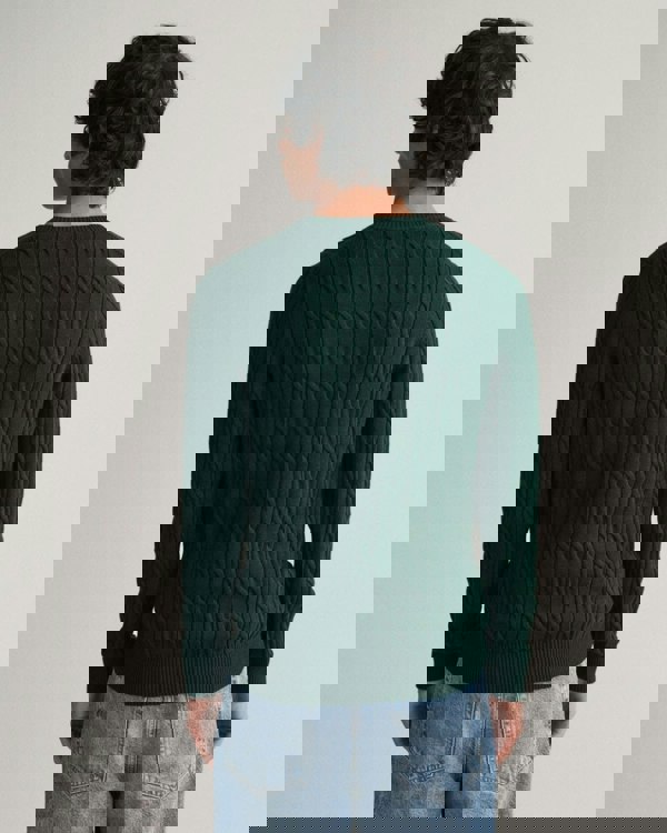 GANT Mens Cotton Cable Knit Crew Neck Jumper - 374 Tartan Green