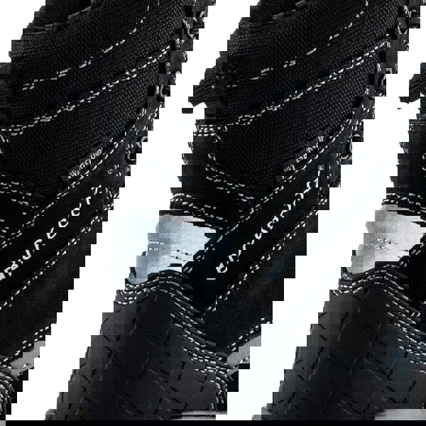 Buckbootz Blastz Tradez Mens High Leg Side Zip Up Safety Boots, close-up of the black waterproof safety boots featuring side zip closure, reinforced toe cap, and sturdy sole for industrial work.