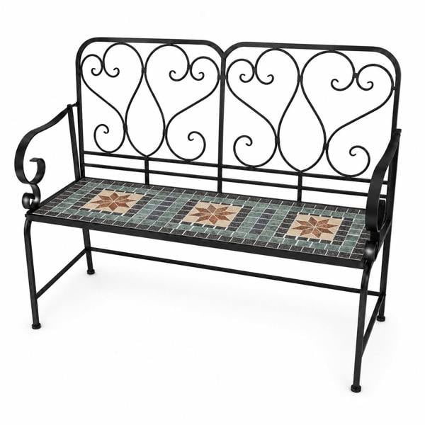 Marrakech Mosaic 2 Seater Garden Bench, 112cm Outdoor Patio Seat with Ceramic Tile Seat, Scrollwork Backrest & Metal Frame image 4