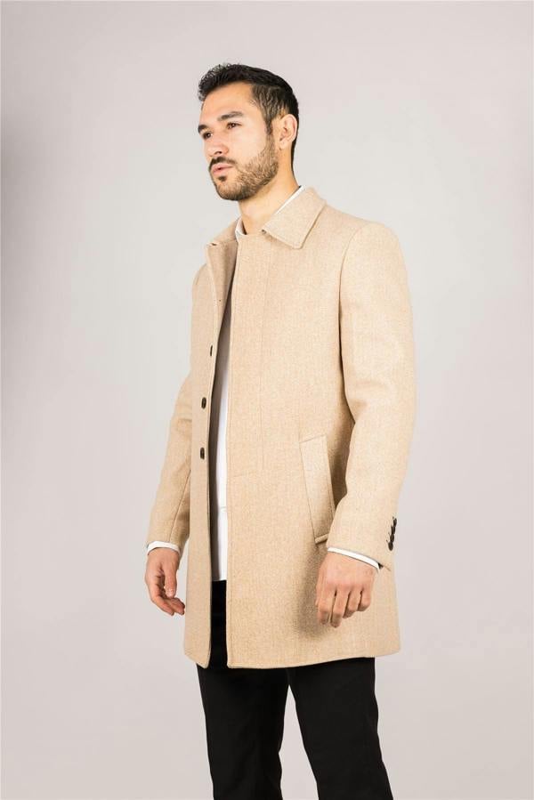Infinity Leather Men's Wool Blend Classic Collar Beige Overcoat