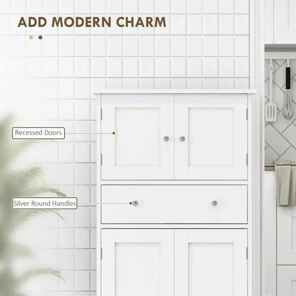 White freestanding kitchen cabinet with recessed doors and silver round handles