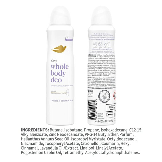 Dove Whole Body Odour Protection Deodorant Spray Lavender & Camomile, 6x150ml