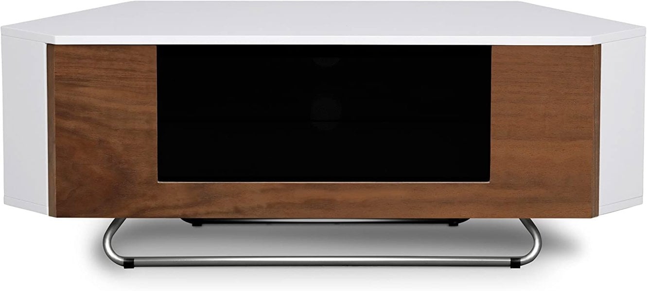 Centurion Supports Hampshire Corner-Friendly Gloss White with Walnut Contrast Beam-Thru Remote Friendly Door 26"-50" Flat Screen TV Cabinet