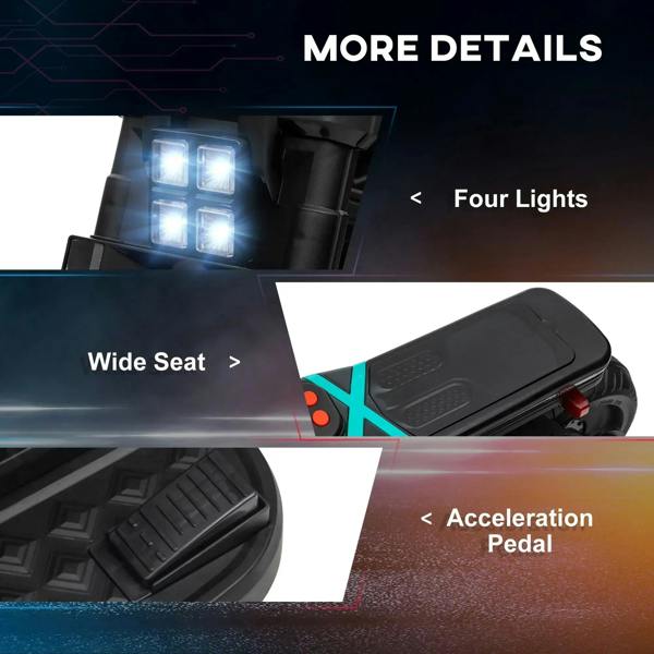 Black kids electric motorbike with wide seat, side foot pedal, and lit headlight cluster