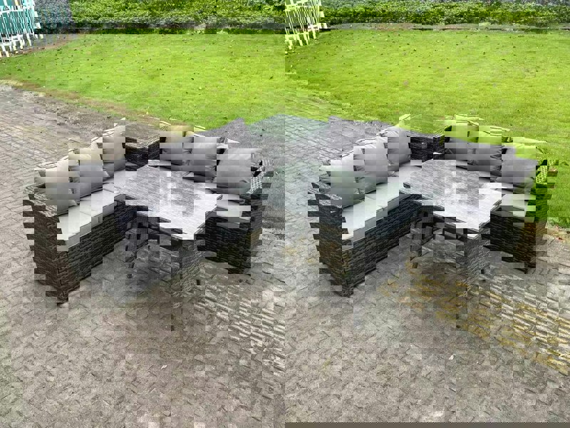 Fimous 6 Seater Wicker PE Rattan Garden Dining Set Outdoor Furniture Sofa with Side Table Dining Table Dark Grey Mixed