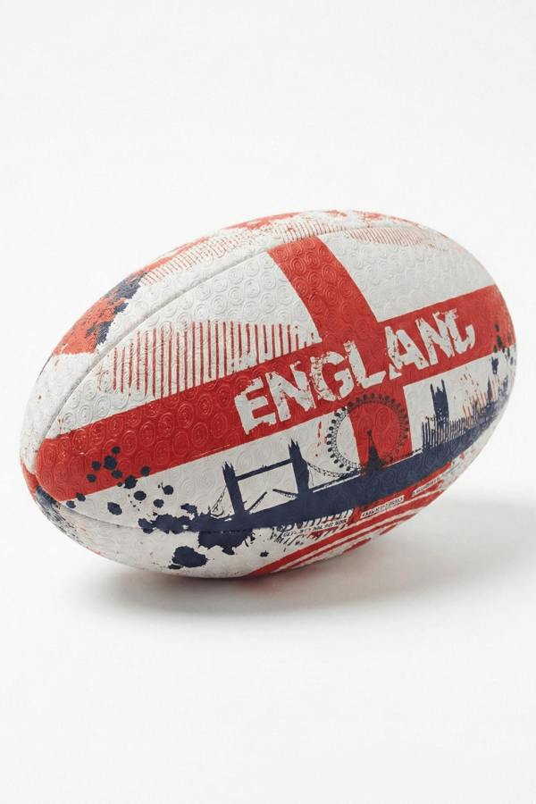 White and red Optimum England rugby ball with St George's cross and London skyline, on white - Optimum