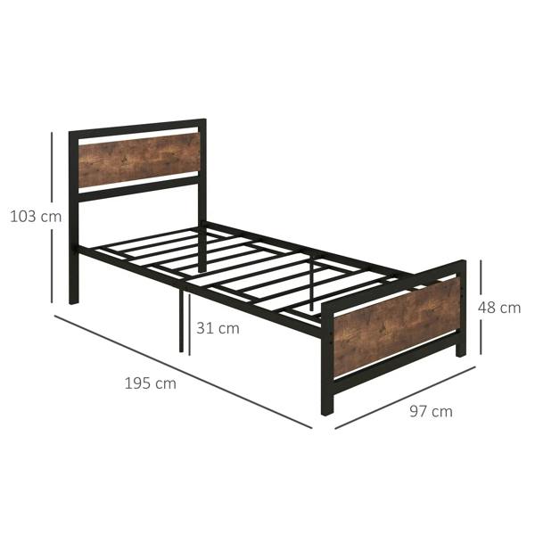 Single metal bed frame dimensions view with slats, headboard, and footboard in black and rustic brown