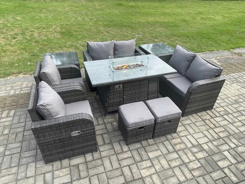 Fimous 8 Seater Rattan Garden Furniture Set Outdoor Propane Gas Fire Pit Table and Sofa Chair set with 2 Side Tables 2 Small Footstools