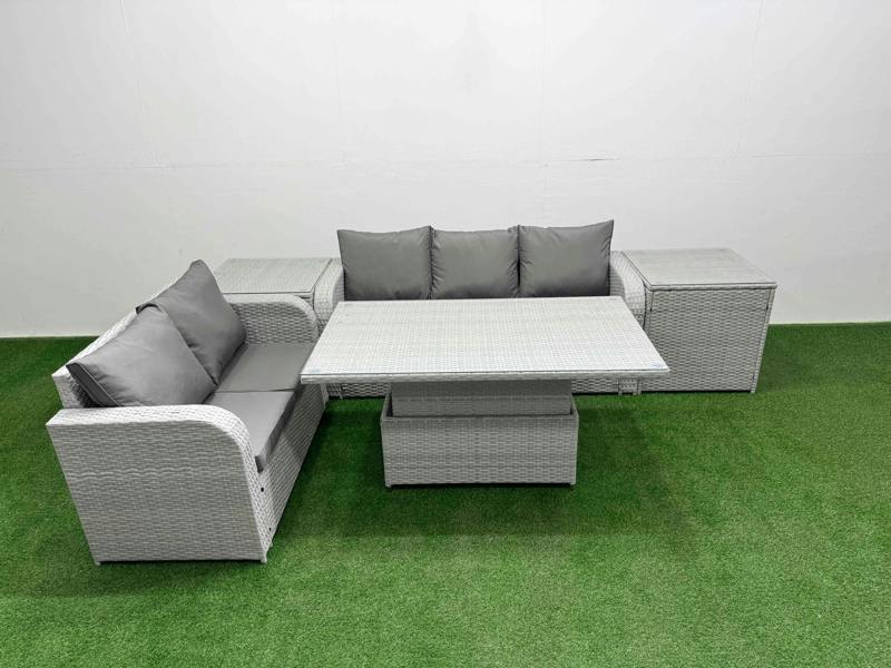 Fimous 5 Seater PE Rattan Garden Furniture Patio Conservatory Set, Adj Height Table, 3 Seater Sofa, Love Sofa and 2 Side Tables, Light Grey
