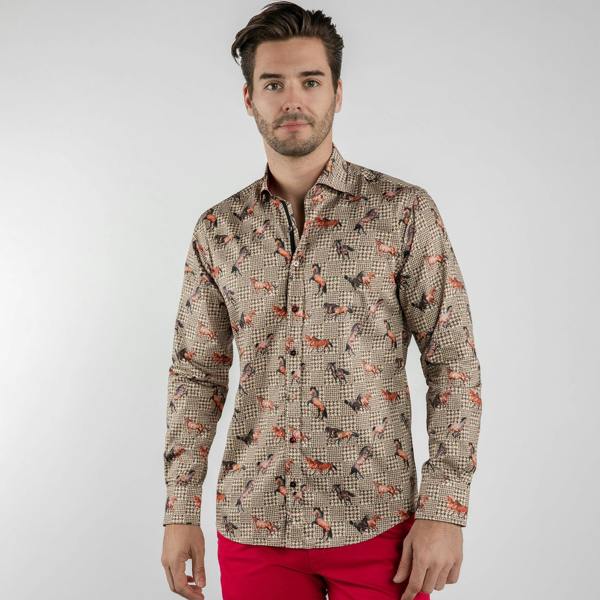 MUSTANG HORSES CHECK HOUNDSTOOTH PRINT SHIRT - Premium Men's Patterned Shirt by Claudio Lugli | Bold Design, Tailored Fit, Best Printed Shirts