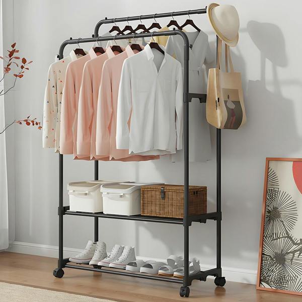 Havendro Heavy Duty Double Clothes Rail Garment Rack with Shoe Storage Display Stand