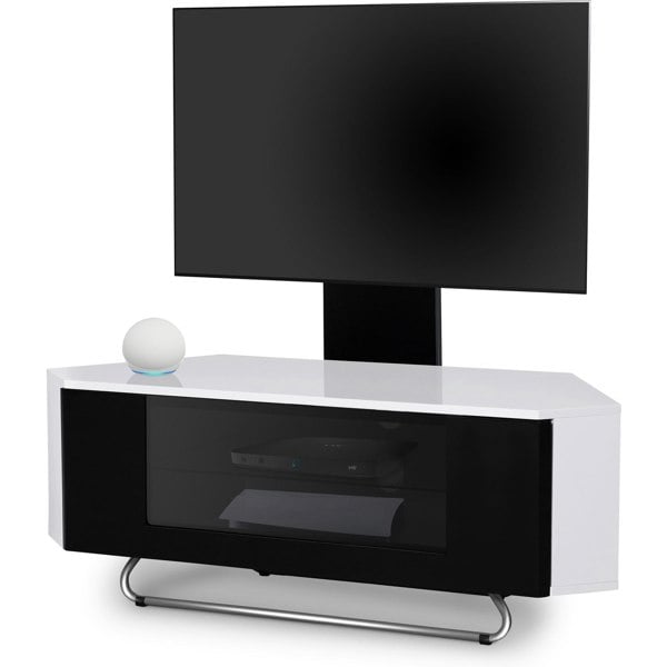Centurion Supports Hampshire Corner-Friendly Gloss White with Black Beam-Thru Remote Friendly Door 26"-50" Flat Screen TV Cabinet with Mounting Arm