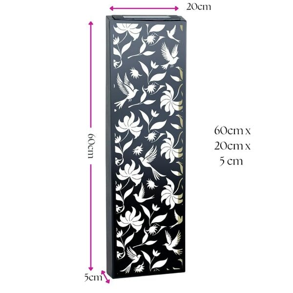 EDH Door Hardware Narrow Solar Wall Panel with Birds – Outdoor Metal Wall Art with LED Light – Garden & Fence Décor 60cm