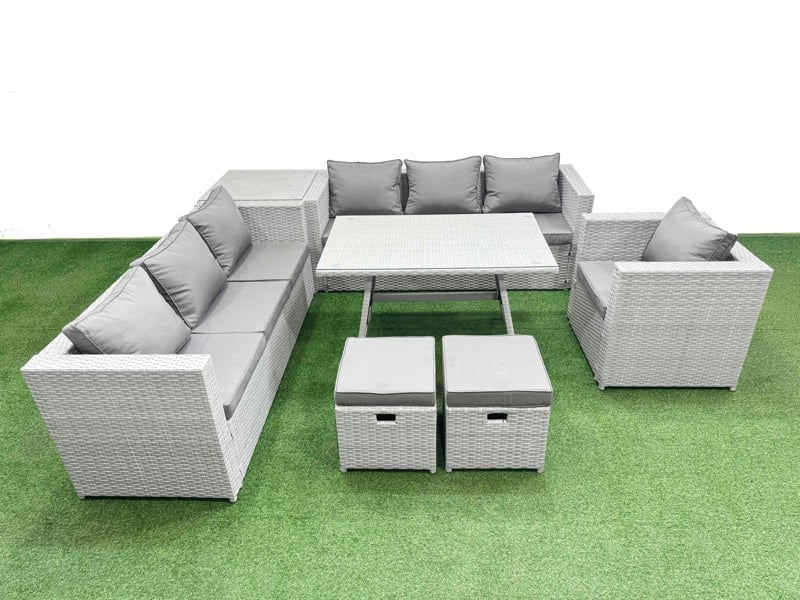 Fimous Outdoor Rattan Garden Furniture Dining Set 9 seater Patio Rectangular Table 3 Seater Sofa Armchair Set with Side Table 2 Small Stools