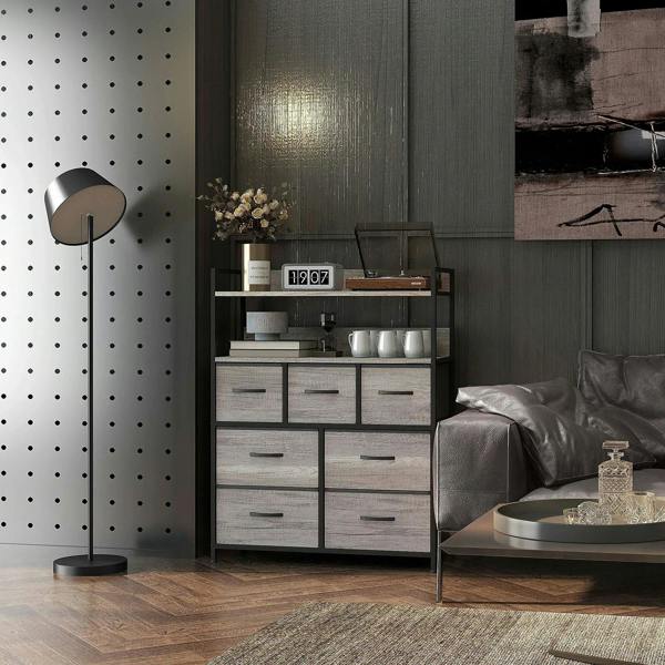 Grey and dark steel fabric drawer cabinet with seven drawers and open top shelves