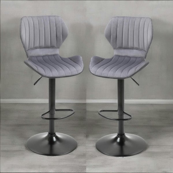 Rafaelo Mobilia Grey Retro Velvet Bar Stools Set Of 2 With Adjustable Height & Swivel