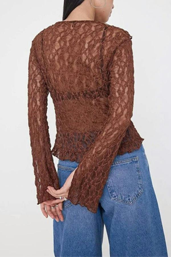 WOVCOR Flare Sleeve Knit Blouse with Ruffle & Lace Detail