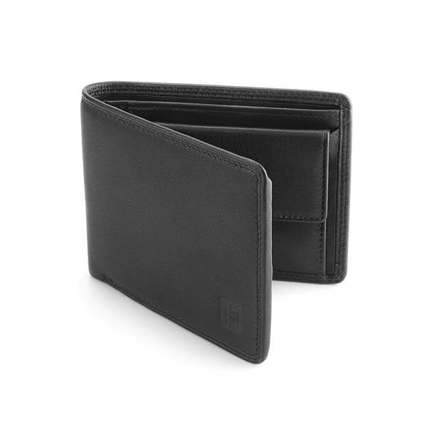 Angle view of Black leather wallet with a brand logo on a white background