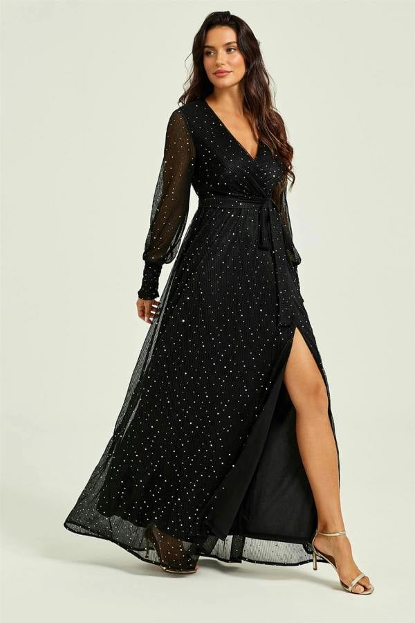 FS Collection Sparkle Gown Long Sleeve Bridesmaid Maxi Dress In Black