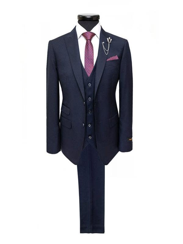 Navy two-button 3-piece suit by PAMONI featuring a tailored blazer, matching vest, and trousers displayed on a hanger.